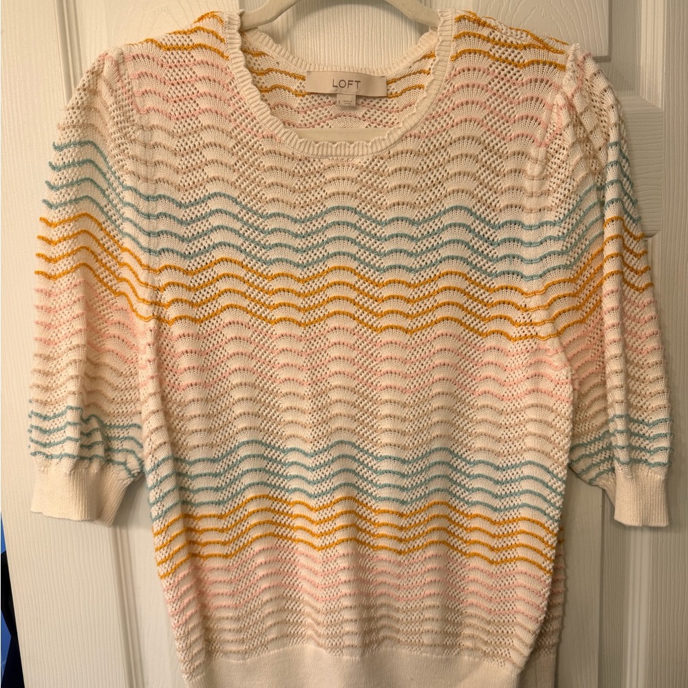 LOFT Women's Open Stitch Pastel Striped Sweater L